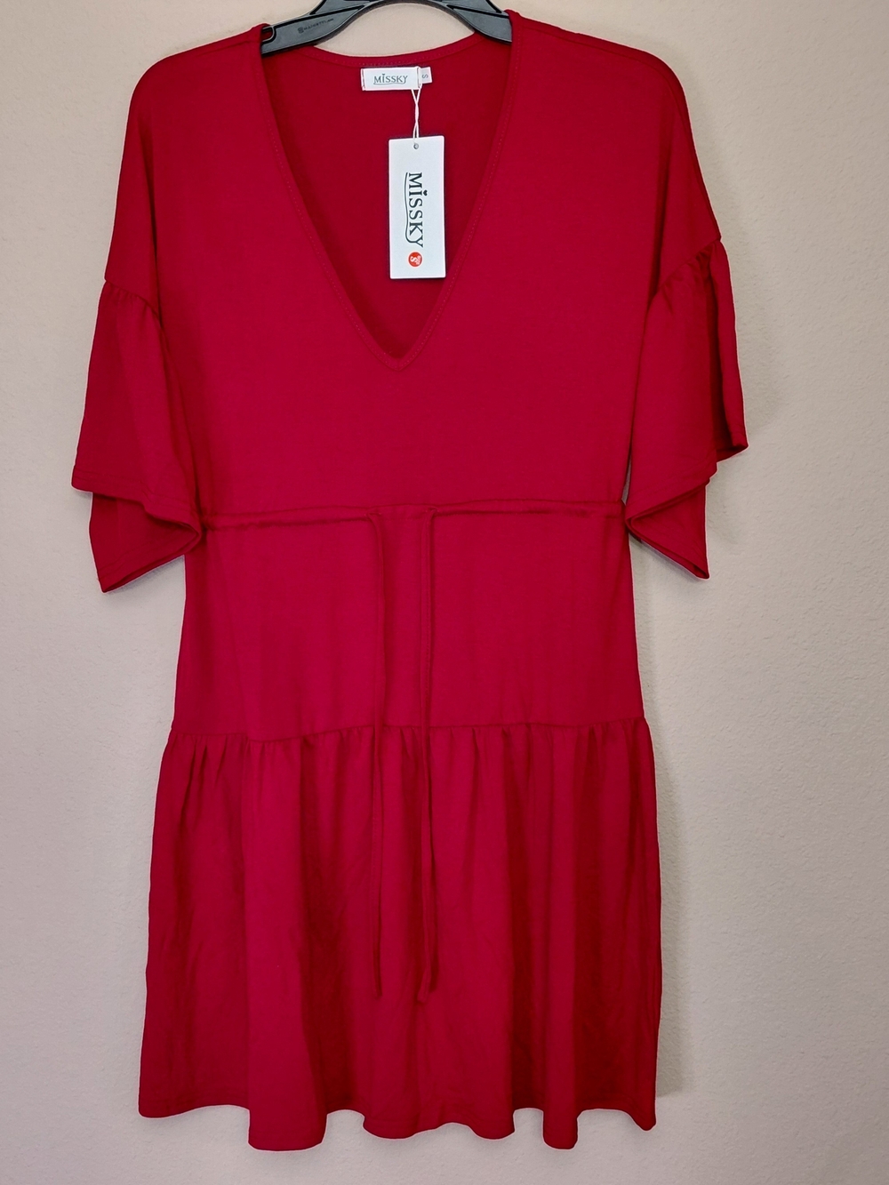 Missky Red V-Neck Tiered Midi Dress with Waist Tie